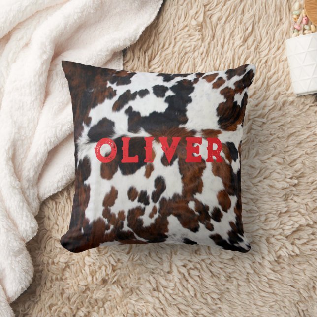 Name Patchwork Cowhide Print Western Rustic Red Cushion (Blanket)