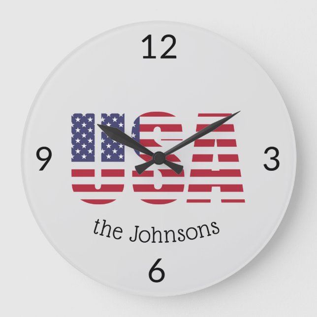 Name, Patriotic Bold USA Flag Round Large Clock (Front)