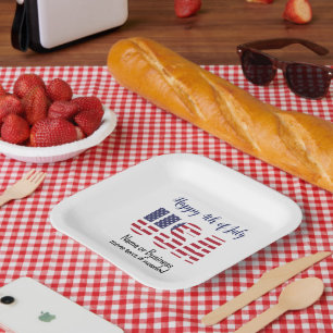 Name, Patriotic USA Stencil July 4th Square Party Paper Plate
