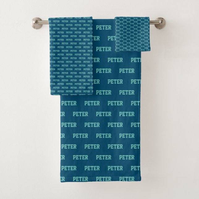 Name Pattern Modern Elegant Blue Bath Towel Set (Insitu)