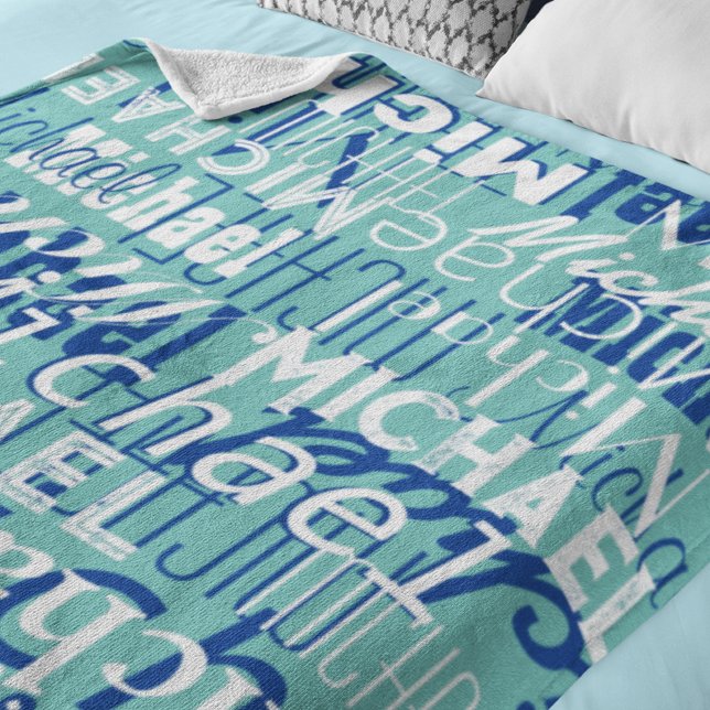 Name Pattern Teal Blue Typography Stamped Allover  Fleece Blanket (Creator Uploaded)