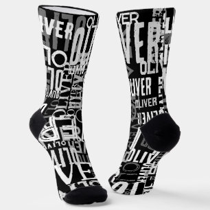 Name Patterned Black Crew Socks