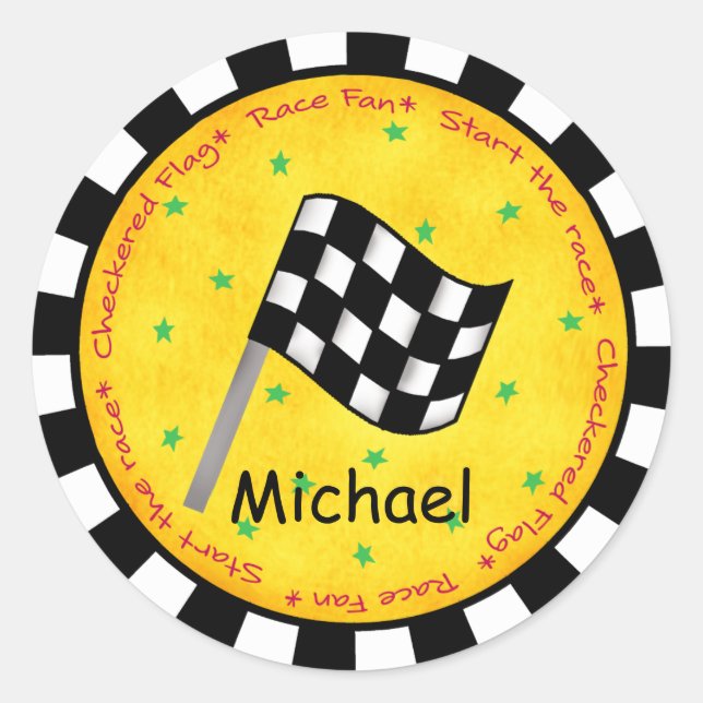 Name Personalised Black White Chequered Flag Wavin Classic Round Sticker (Front)