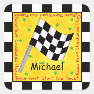 Name Personalised Black White Chequered Flag Wavin Square Sticker