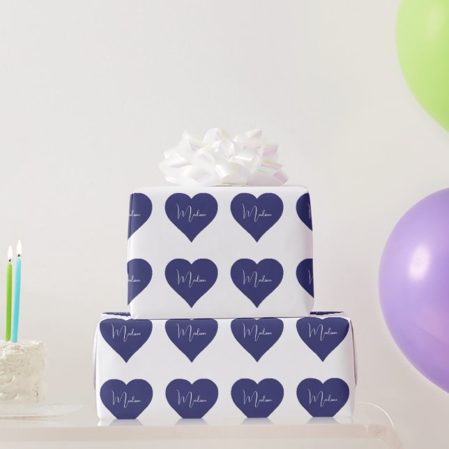 Name Personalised Dark Blue Heart Custom  Wrapping Paper (Party Gifts)