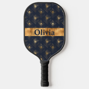 Name Personalised Peacock Feathers Print Gold Pickleball Paddle