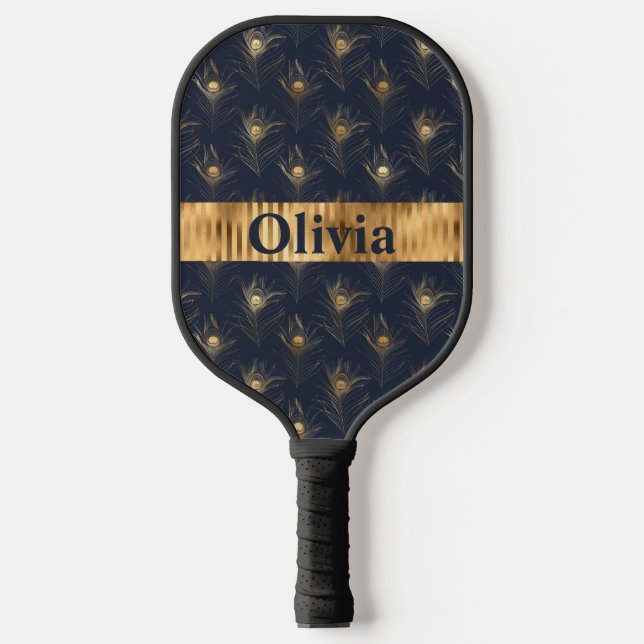 Name Personalised Peacock Feathers Print Gold Pickleball Paddle (Front)