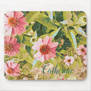 Name Personalised Pink Coneflower Green Leaves Art Mouse Pad