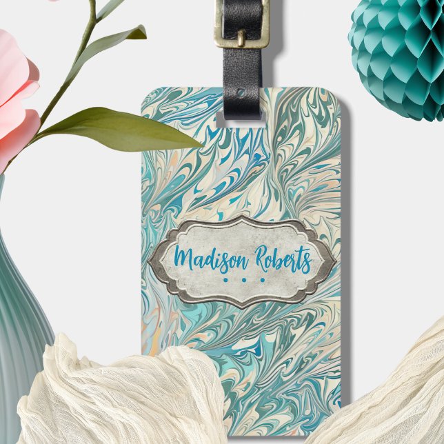 Name Personalised Teal & Fawn Marble Geode Luggage Tag (Creator Uploaded)