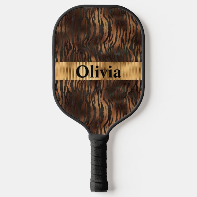 Name Personalised Tiger Print Gold Pickleball Paddle (Front)
