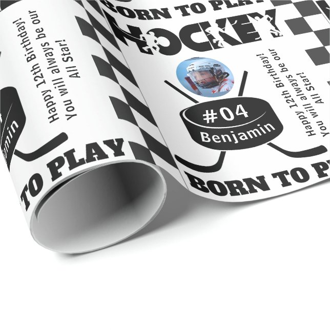 Name Photo Age Jersey Number Sentiment Hockey Wrapping Paper (Roll Corner)