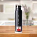 Name photo black white guy water bottle<br><div class="desc">White text printed on a black bottle. Personalise and add your name and a profile photo.</div>