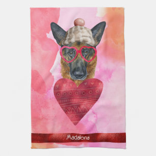 Name Pink Dog Lover Valentine Gift German Shepherd Tea Towel