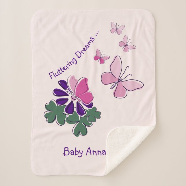 Name Pink Green Purple Doodle Blooms Butterflies Sherpa Blanket (Front)