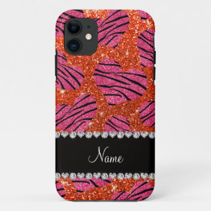 Name pink hearts neon orange glitter zebra stripes iPhone 11 case