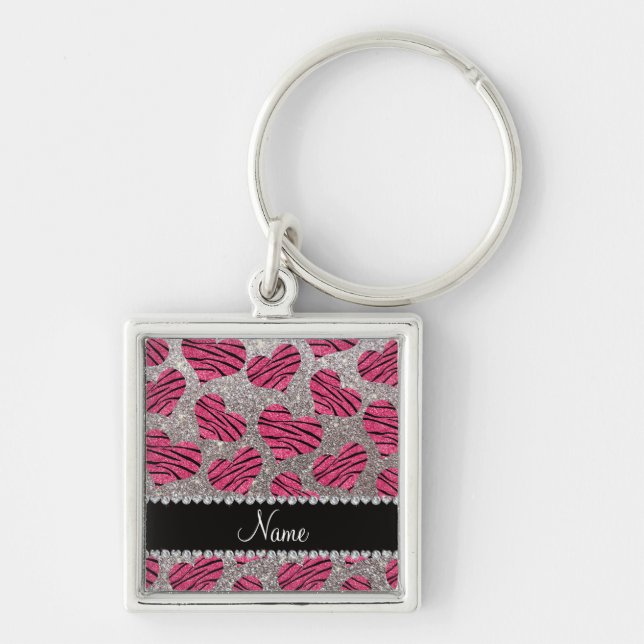 Name pink hearts silver glitter zebra stripes key ring (Front)