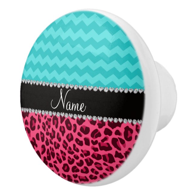 Name pink leopard turquoise chevrons ceramic knob (Right)