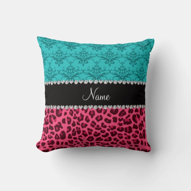 Name pink leopard turquoise damask cushion (Front)
