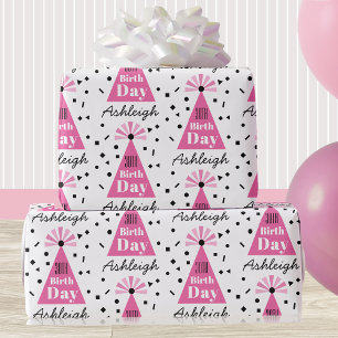 Name Pink Party Hat 30th Birthday Wrapping Paper
