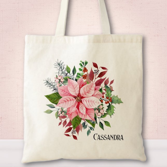 Name, Pink Poinsettia Berries & Green Foliage Tote Bag (Creator Uploaded)