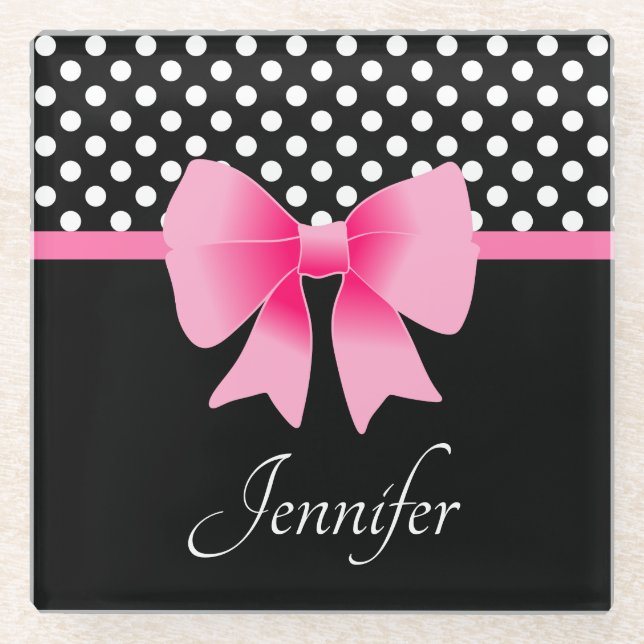 Name Pink Ribbon Black & White Polka Dots Glass Coaster (Front)