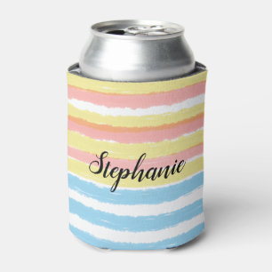 Name Pink Yellow Blue Watecolor Stripes Can Cooler