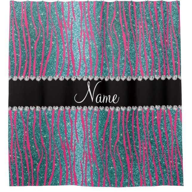 Name pink zebra stripes turquoise glitter shower curtain (Front)