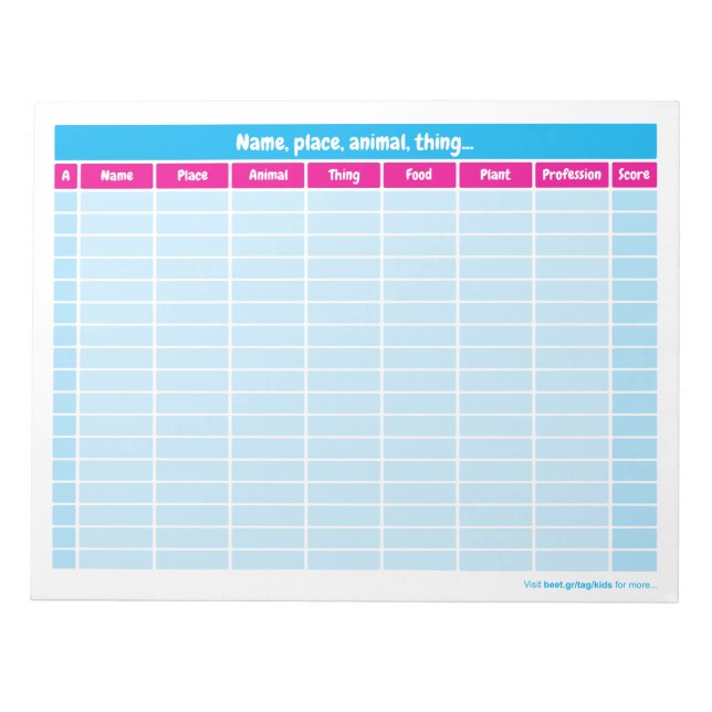 Name, Place, Animal, Thing Word Game Notepad (Front)