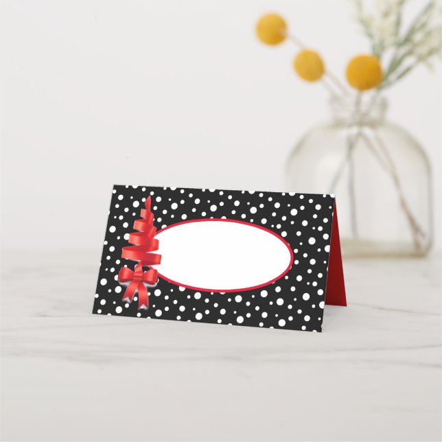 Name Place Cards-Christmas Ribbon Tree Polka Dot Card (Front)