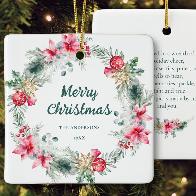 Name Poinsettia Red Green Wreath Christmas Poetry Ceramic Ornament (Creator Uploaded)