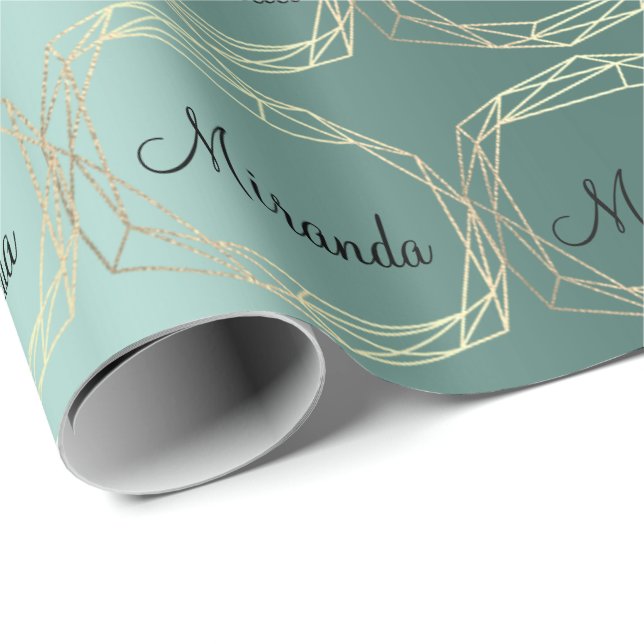 Name Polygonal Teal Green Champaigne Gold Diamond Wrapping Paper (Roll Corner)
