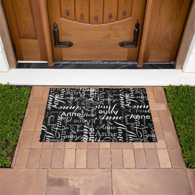 Name Printed in White All-Over a Black Doormat (Outdoor)