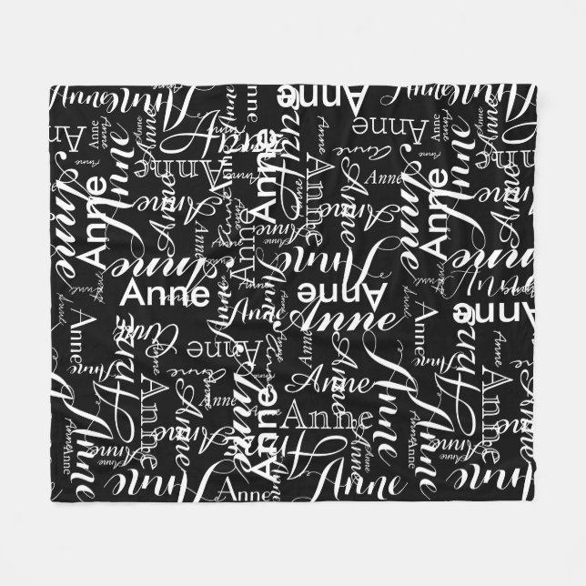 Name Printed in White All-Over a Black Fleece Blanket (Front (Horizontal))
