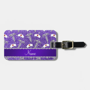 Name purple glitter nurse hats silver caduceus luggage tag