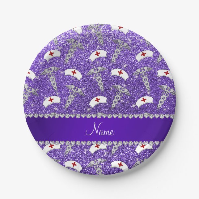 Name purple glitter nurse hats silver caduceus paper plate (Front)