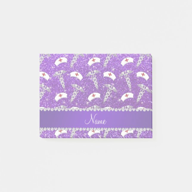 Name purple glitter nurse hats silver caduceus post-it notes (Front)