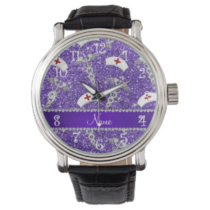 Name purple glitter nurse hats silver caduceus watch
