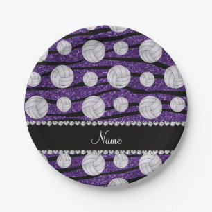 Name purple glitter zebra stripes volleyballs paper plate