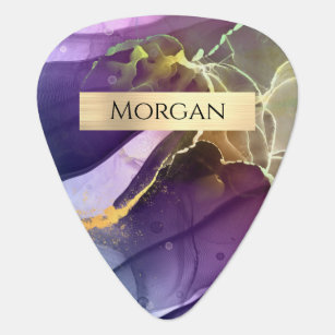 Name, Purple & Gold Ink Abstract, Gold Bar Guitar Pick