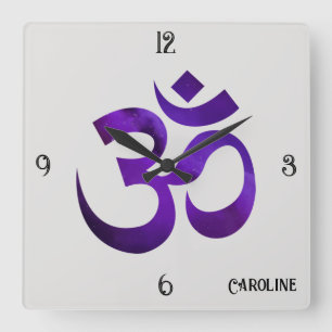 Name, Purple Om Symbol 10.75-in  Square Wall Clock