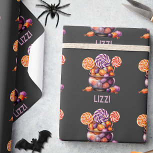 Name Purple Orange Trick or Treat Cute Halloween Wrapping Paper