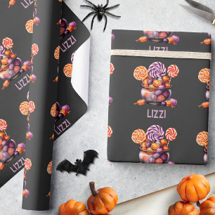 Name Purple Orange Trick or Treat Cute Halloween Wrapping Paper