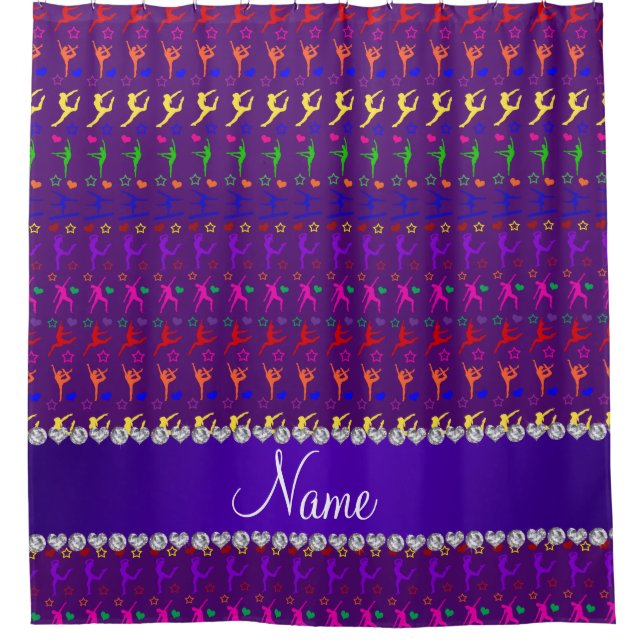 Name purple rainbow gymnastics hearts stars shower curtain (Front)