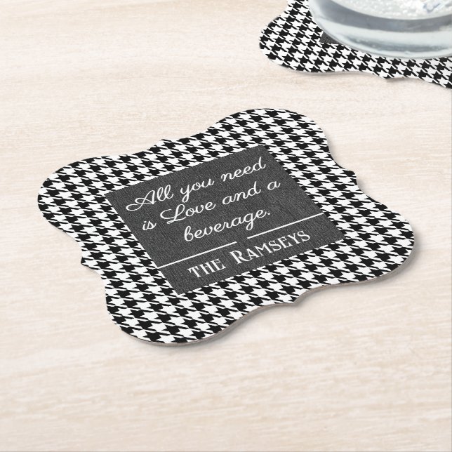 Name Quote. Black & White Houndstooth Bracket Paper Coaster (Angled)