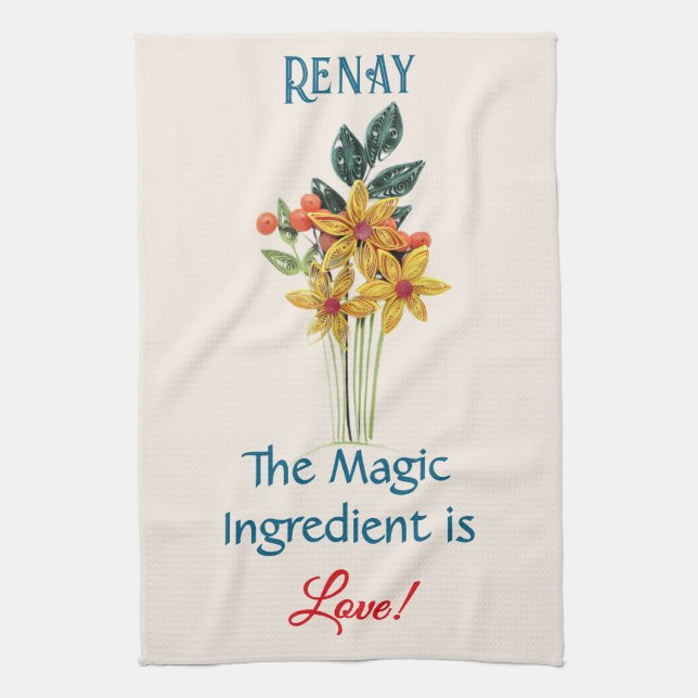 Name, Quote, Paper Quilled Flowers Print Large Tea Towel (Vertical)