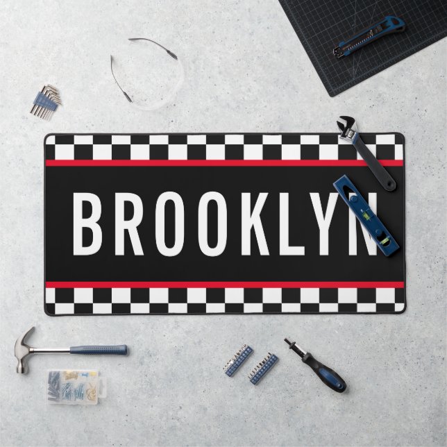 Name Racing Red White Black Chequerboard Pattern Desk Mat (Workstation)