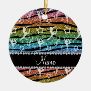 Name rainbow gymnastics glitter zebra stripes ceramic ornament