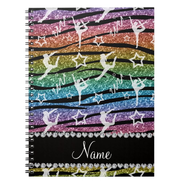 Name rainbow gymnastics glitter zebra stripes notebook (Front)
