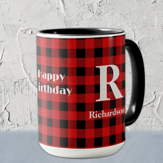 Name Red-Black Buffalo Check, Happy Birthday 15oz Mug (Creator Uploaded)