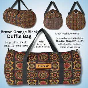 Name, Red Black Orange Brown Abstract Geometric Duffle Bag